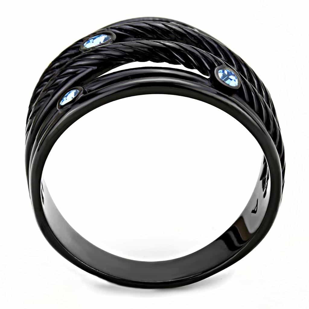 Stainless Steel Black IP Aquamarine CZ Cable Wire Bezel Wide Ring view 6