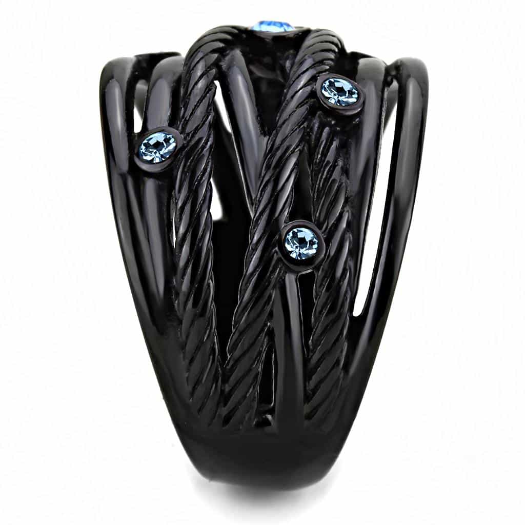 Stainless Steel Black IP Aquamarine CZ Cable Wire Bezel Wide Ring view 8