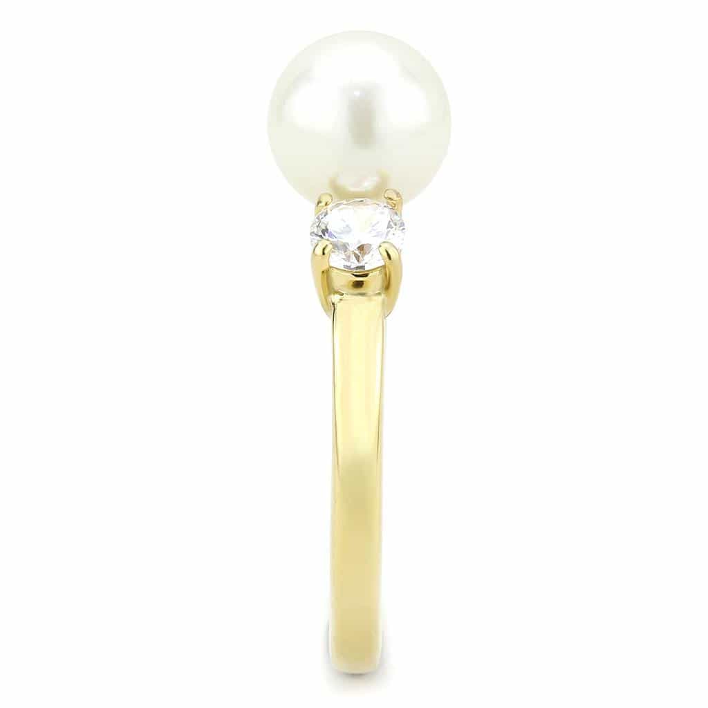 Stainless Steel Gold IP White Pearl CZ Round Three Stone Ring view 8