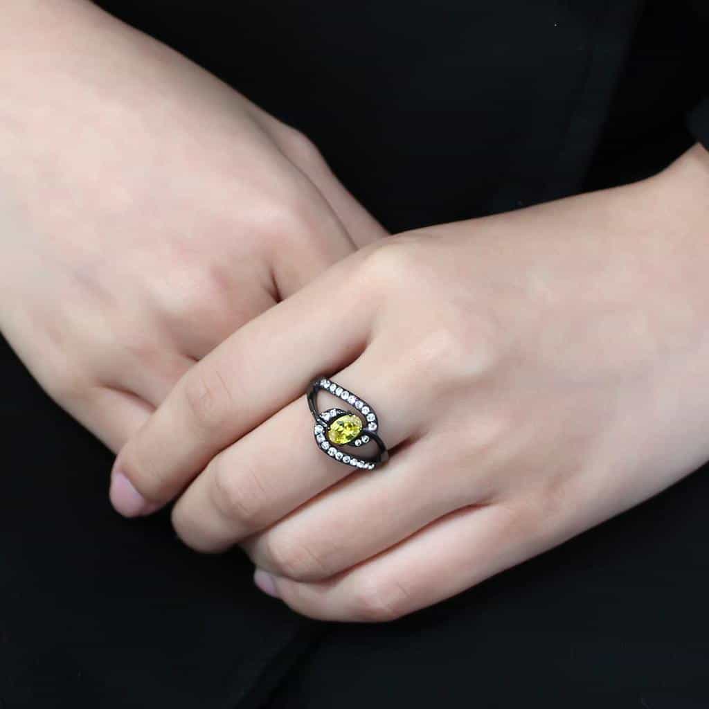 Stainless Steel Black IP Yellow Citrine Oval CZ Pave Swirl Ring view 10