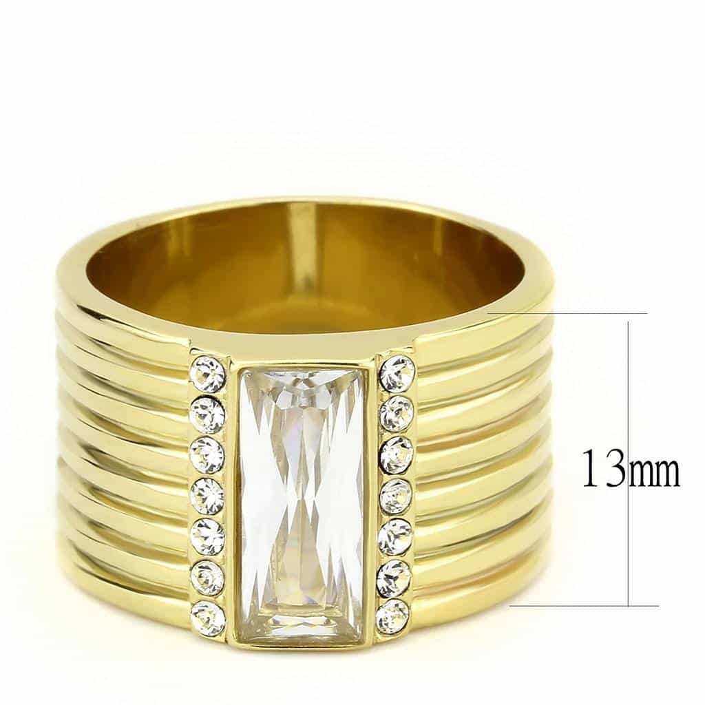 Stainless Steel Gold IP CZ Baguette Channel Ribbed Wide Band Ring view 4