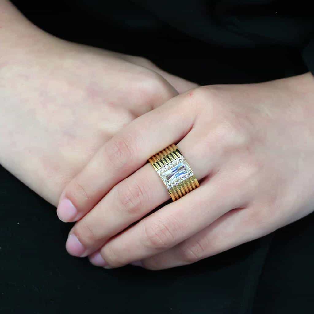 Stainless Steel Gold IP CZ Baguette Channel Ribbed Wide Band Ring view 10