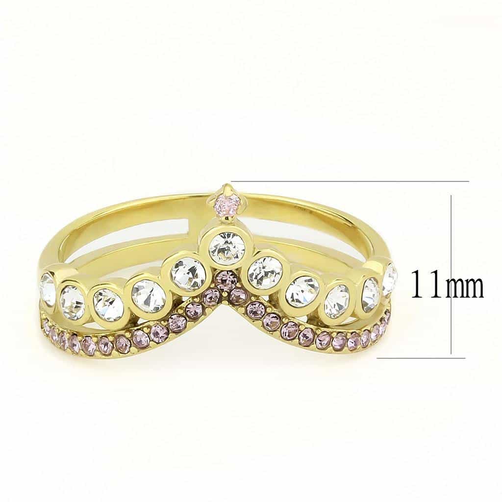 Stainless Steel Gold IP CZ Bezel Pink Crystal Crown Tiara Ring view 4
