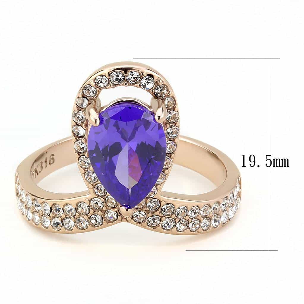 Stainless Steel Rose Gold IP Tanzanite Pear CZ Pave V Ring view 4