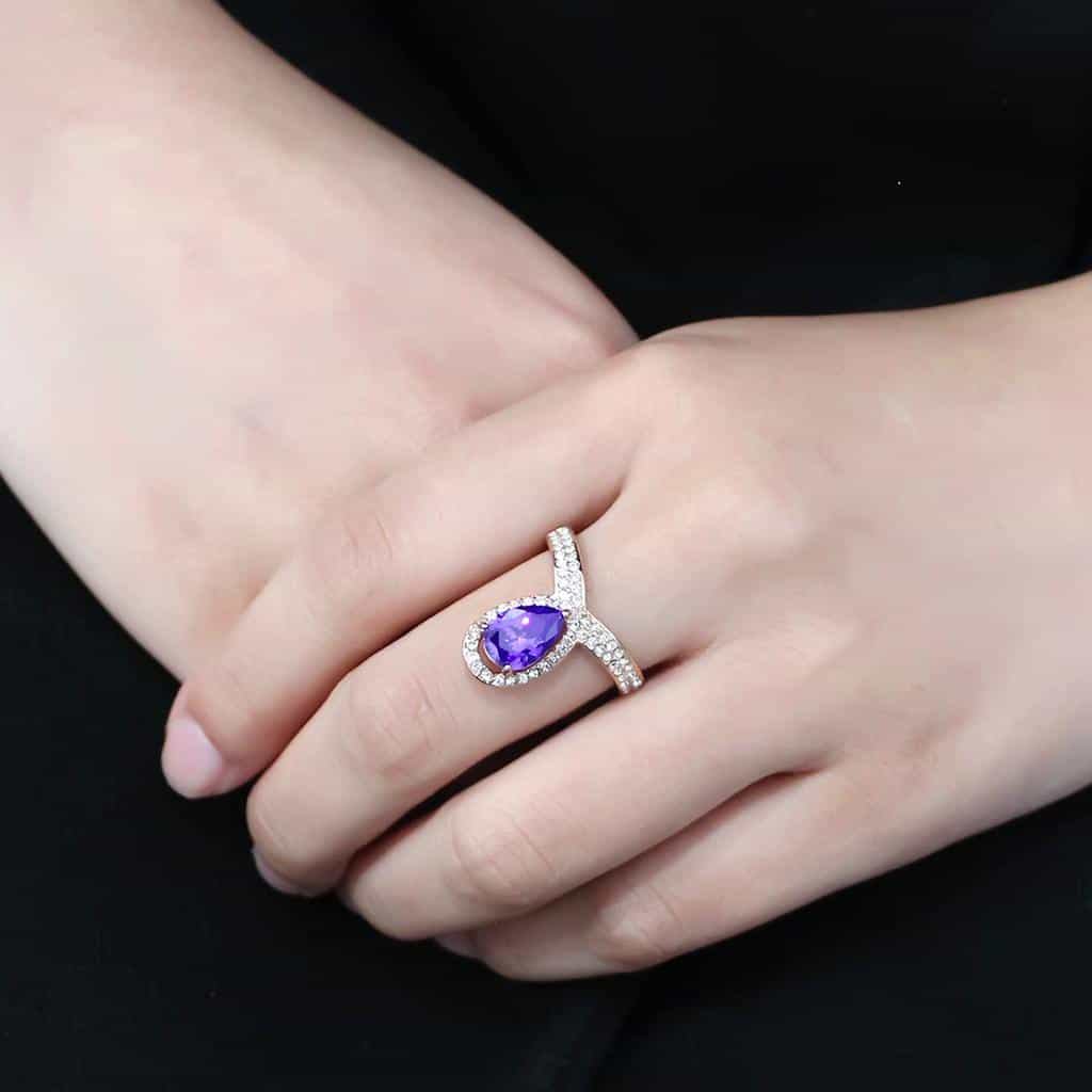 Stainless Steel Rose Gold IP Tanzanite Pear CZ Pave V Ring view 10