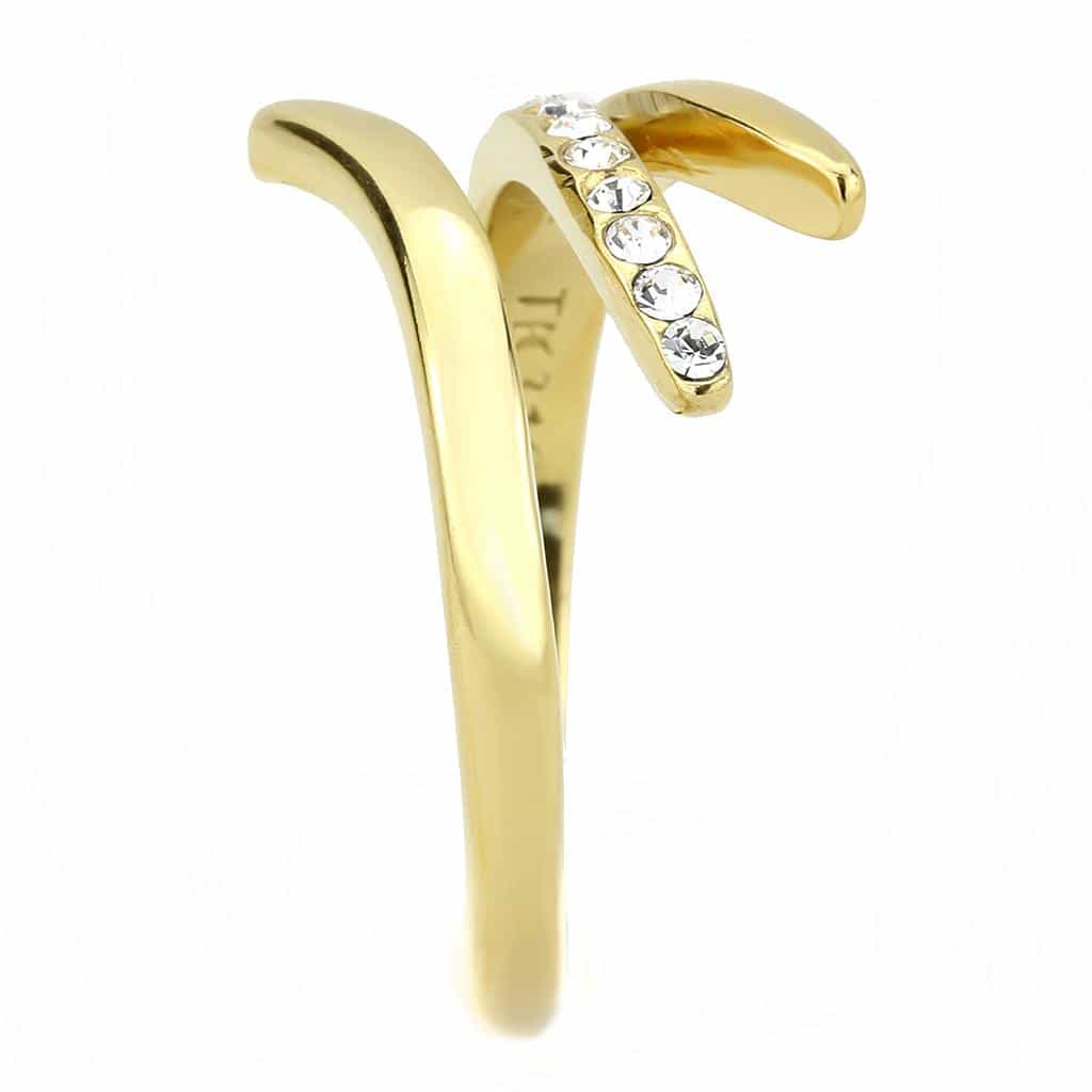 Stainless Steel Gold IP CZ Pave Leaf Bypass Ring view 8