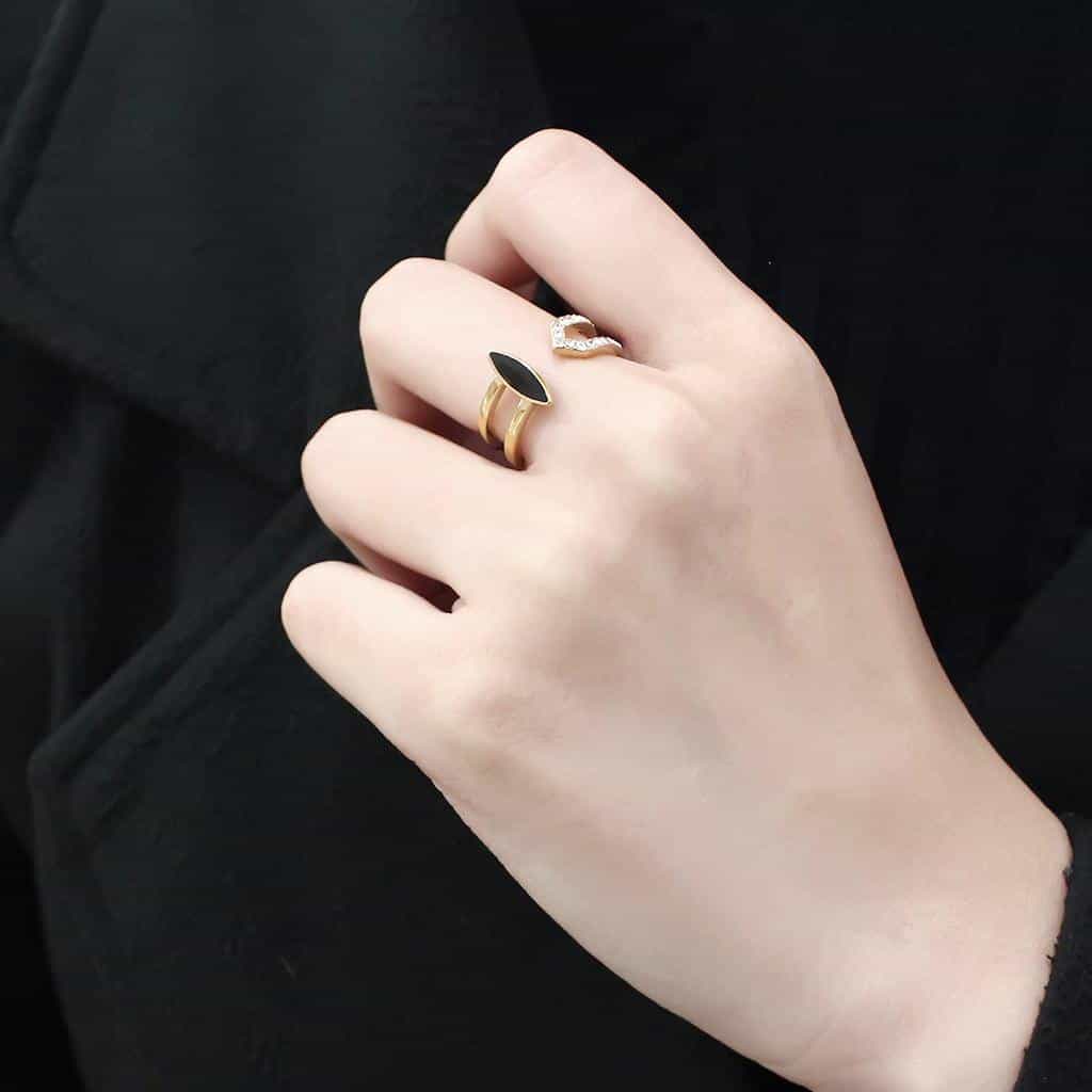 Stainless Steel Gold IP Black Onyx Marquise CZ Pave Swirl Ring view 12
