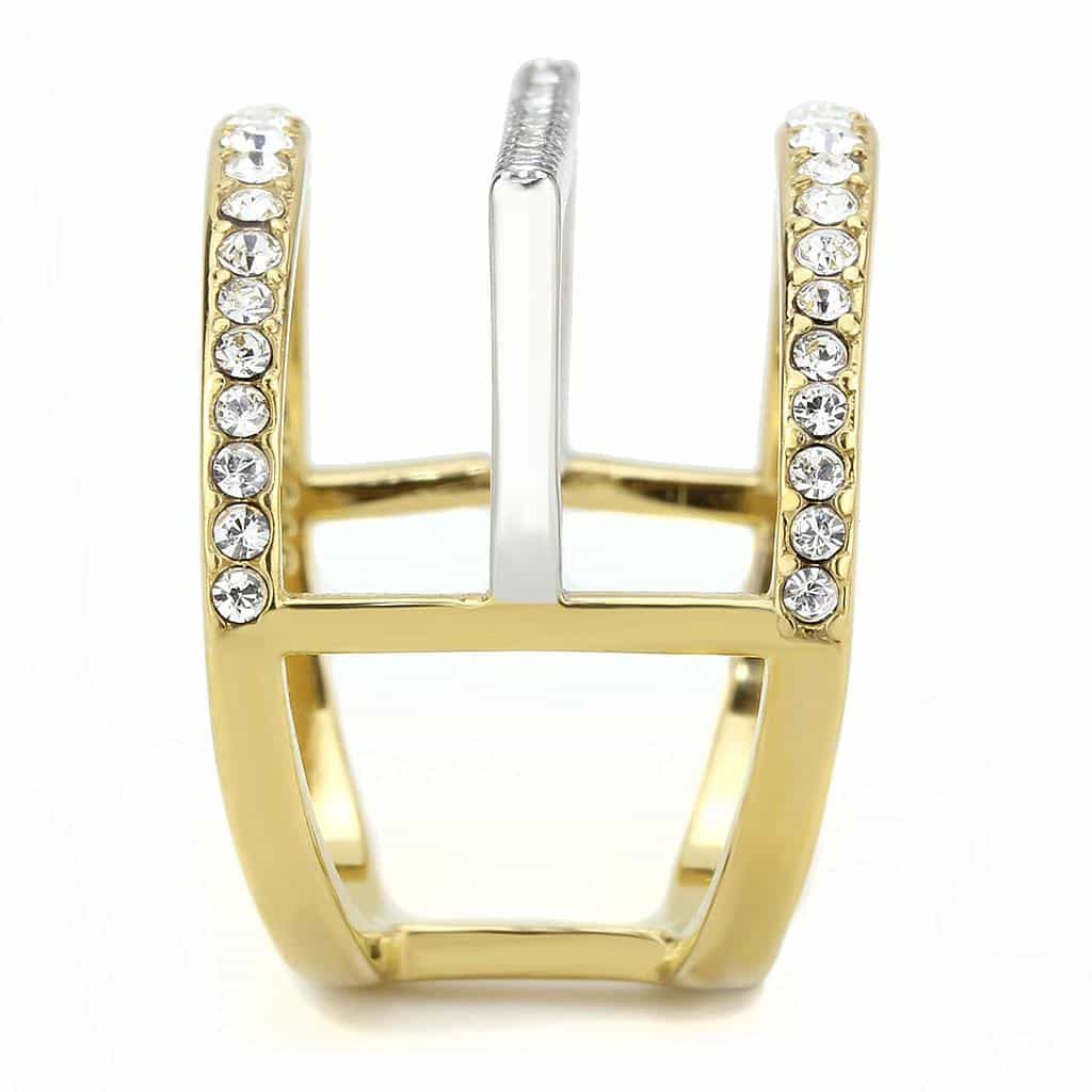 Stainless Steel Two-Tone Gold Silver CZ Pave Rectangle Ring view 8