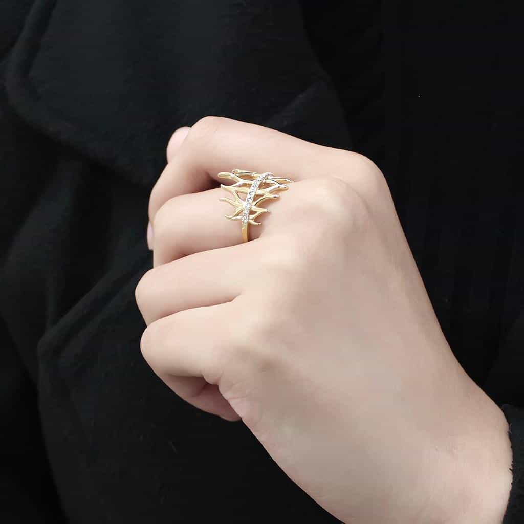 Stainless Steel Gold IP CZ Channel Antler Branch Cutout Open Ring view 10