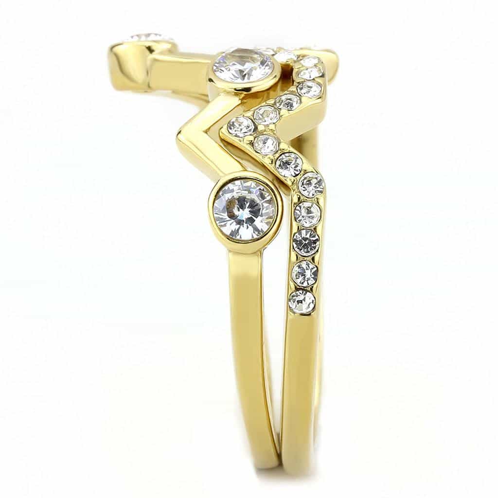 Stainless Steel Gold IP CZ Bezel Heartbeat Zigzag Pave Open Ring view 8