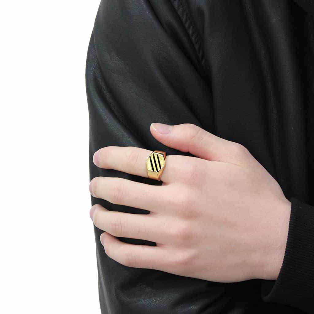 Stainless Steel Gold IP Black Enamel Stripe Polished Wide Ring view 10