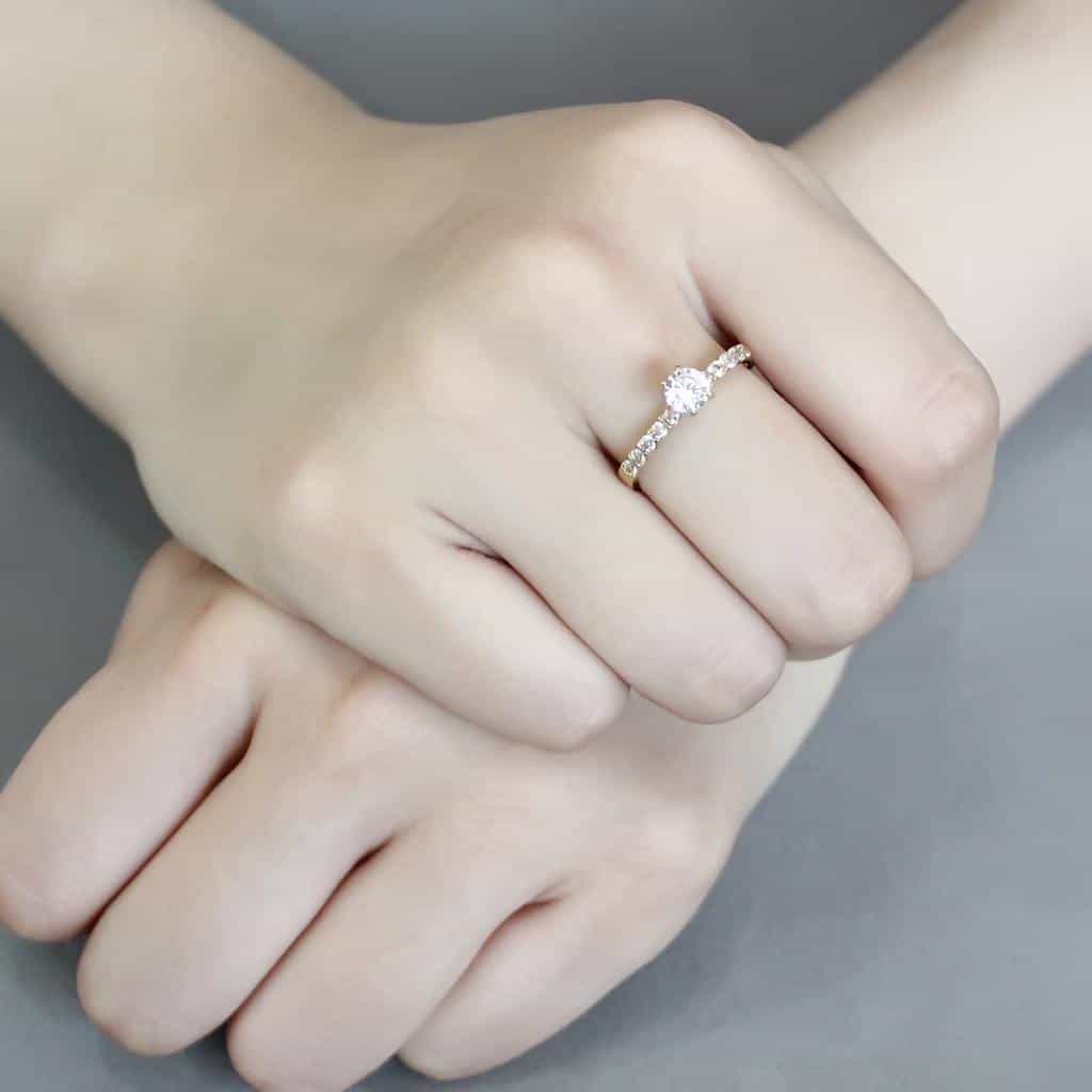 Stainless Steel Gold IP CZ Round Pave Side Stone Solitaire Ring view 10
