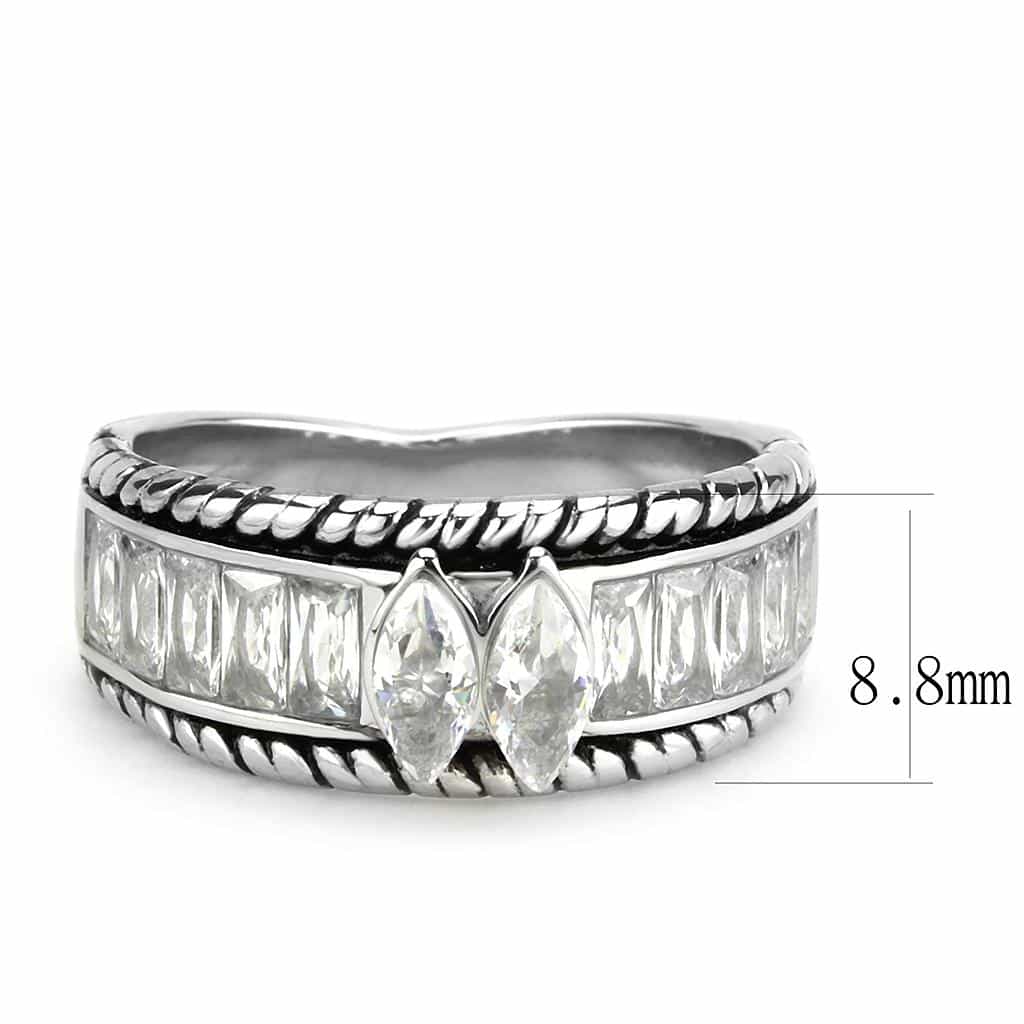 Stainless Steel Silver CZ Marquise Baguette Rope Twist Stack Ring view 4