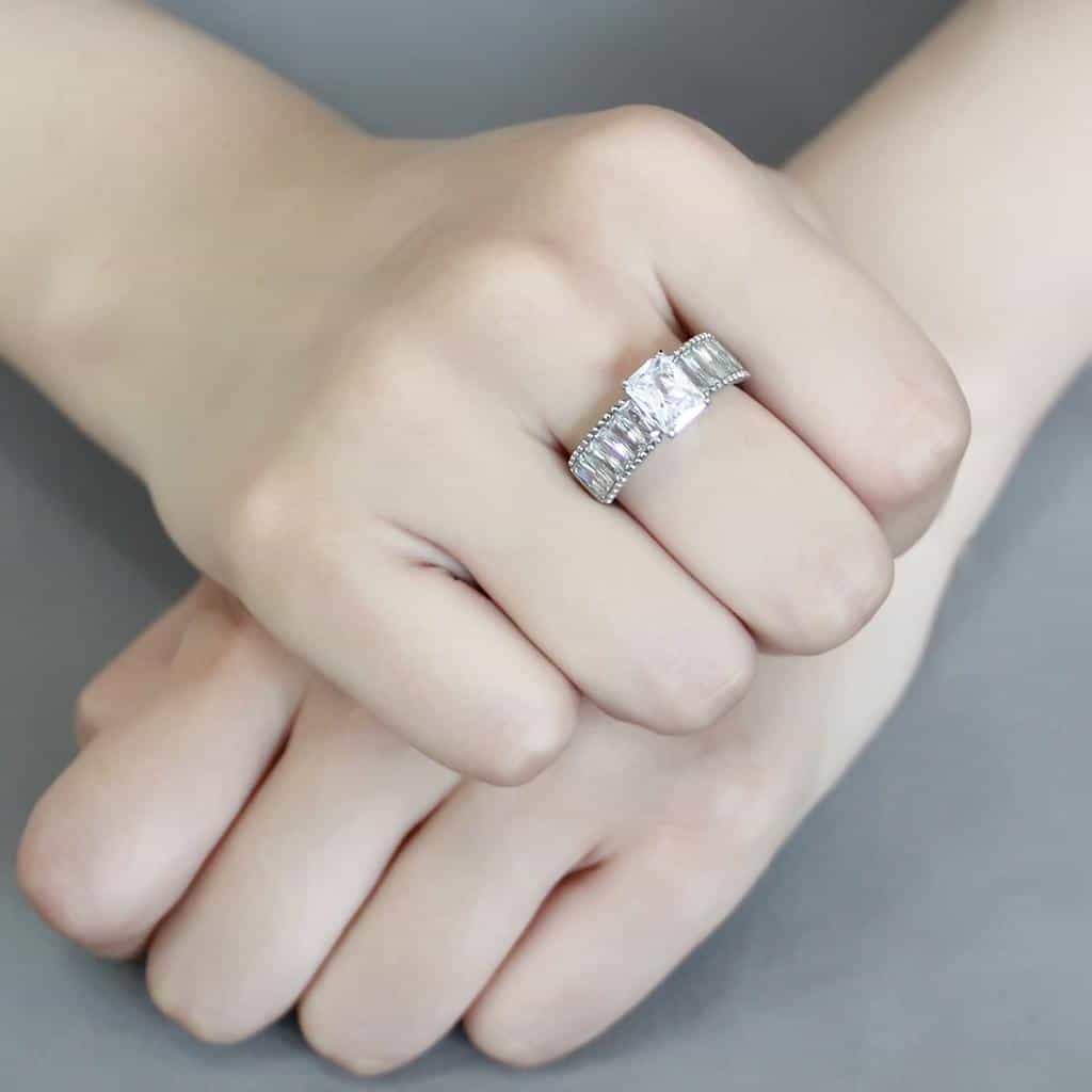 Stainless Steel Silver CZ Princess Emerald Cut Baguette Bead Ring view 10
