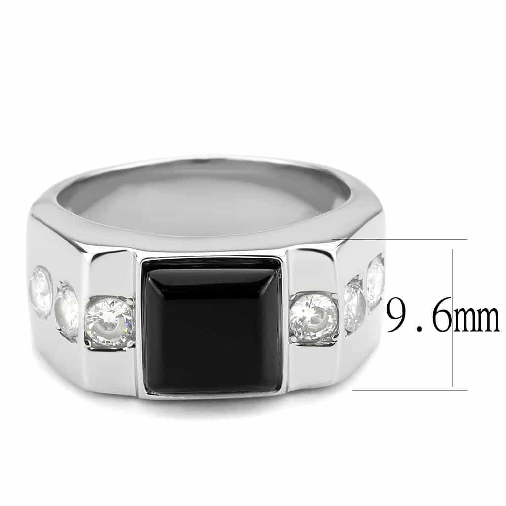 Stainless Steel Black Onyx Square CZ Round Accent Mens Ring view 4