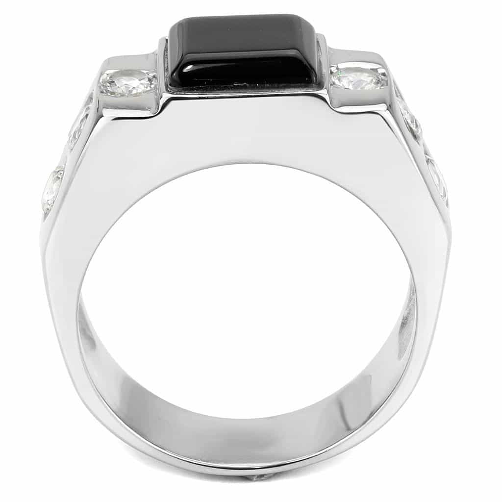 Stainless Steel Black Onyx Square CZ Round Accent Mens Ring view 6
