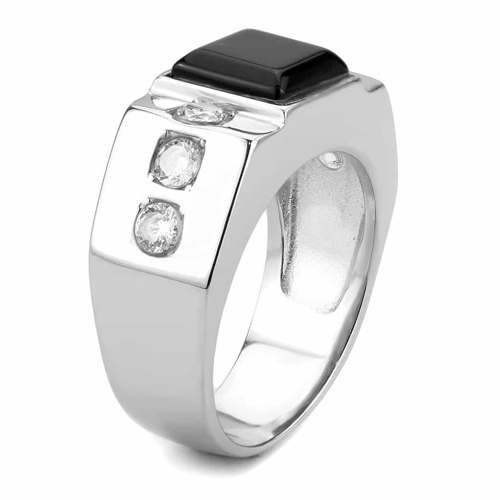Stainless Steel Black Onyx Square CZ Round Accent Mens Ring view 8