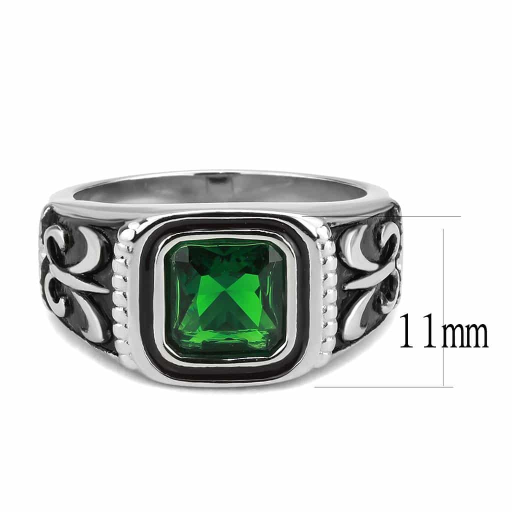 Stainless Steel Silver Emerald Green Square CZ Fleur De Lis Ring view 4