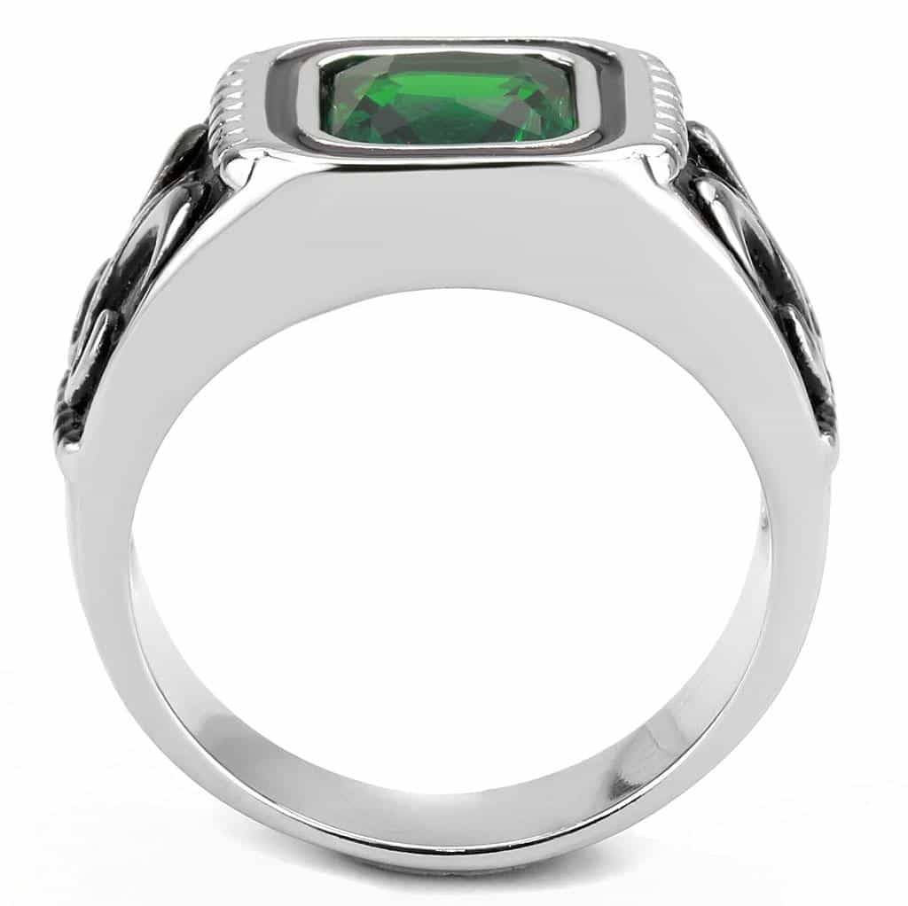 Stainless Steel Silver Emerald Green Square CZ Fleur De Lis Ring view 6