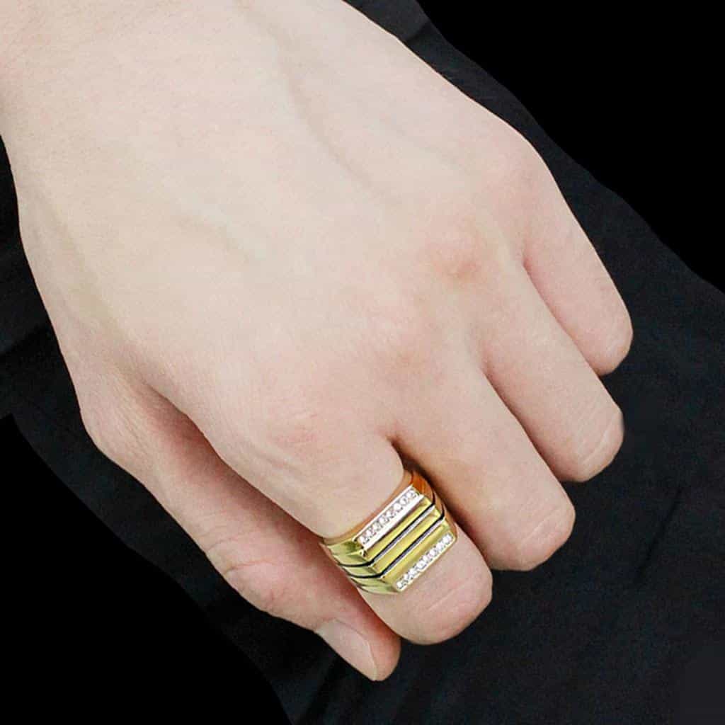 Stainless Steel Gold IP CZ Channel Row Polished Wide Mens Ring view 10