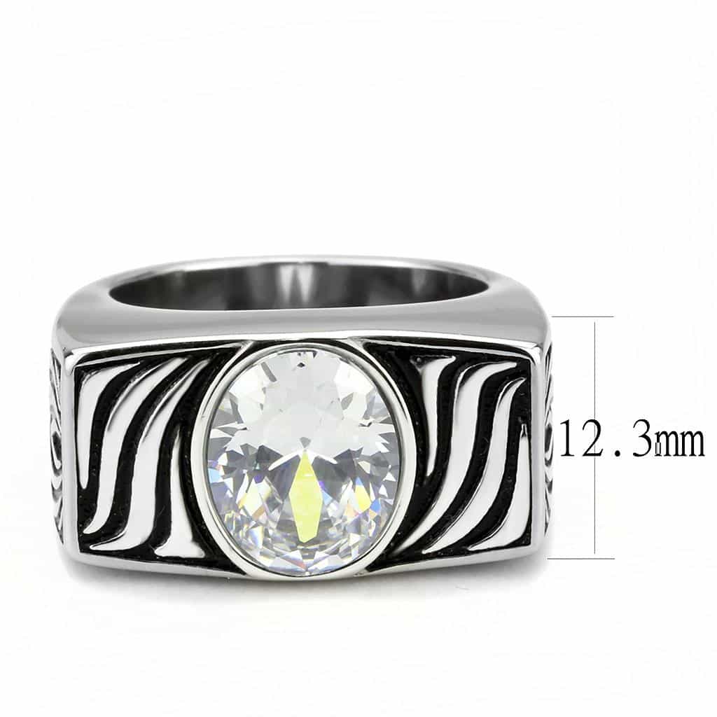 Stainless Steel CZ Round Bezel Zebra Wave Carved Mens Signet Ring view 4