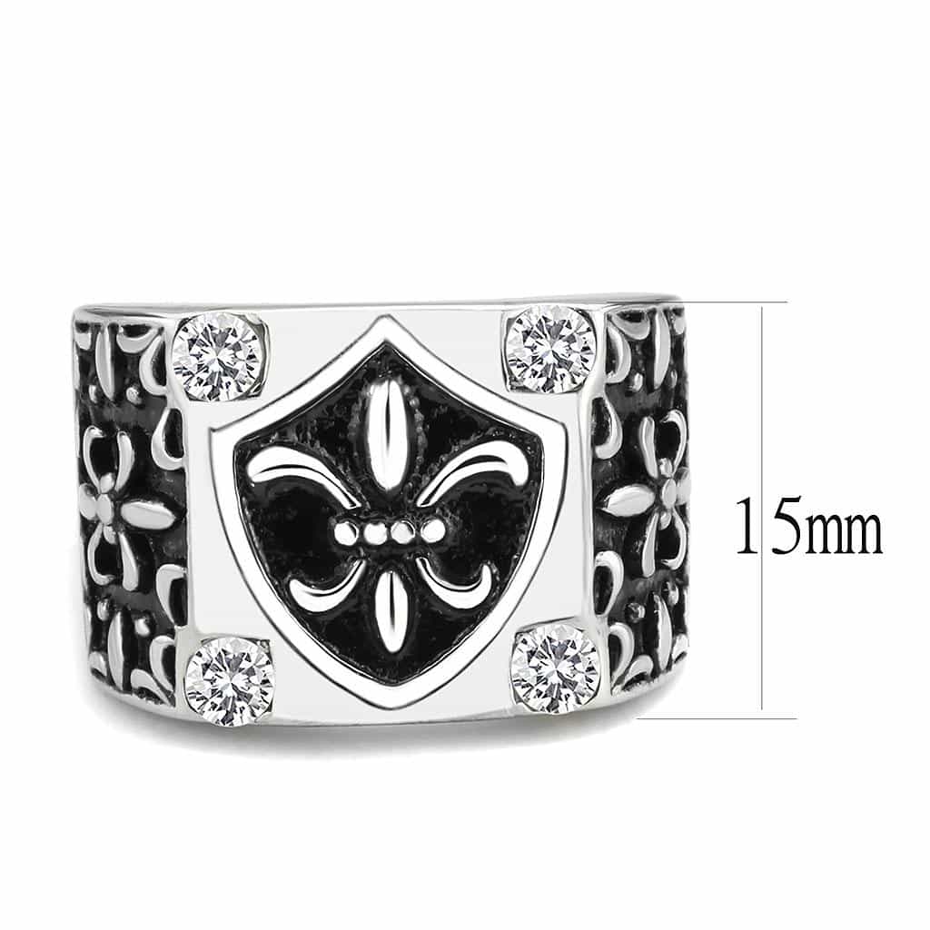 Stainless Steel Silver Black Enamel CZ Fleur De Lis Shield Ring view 4