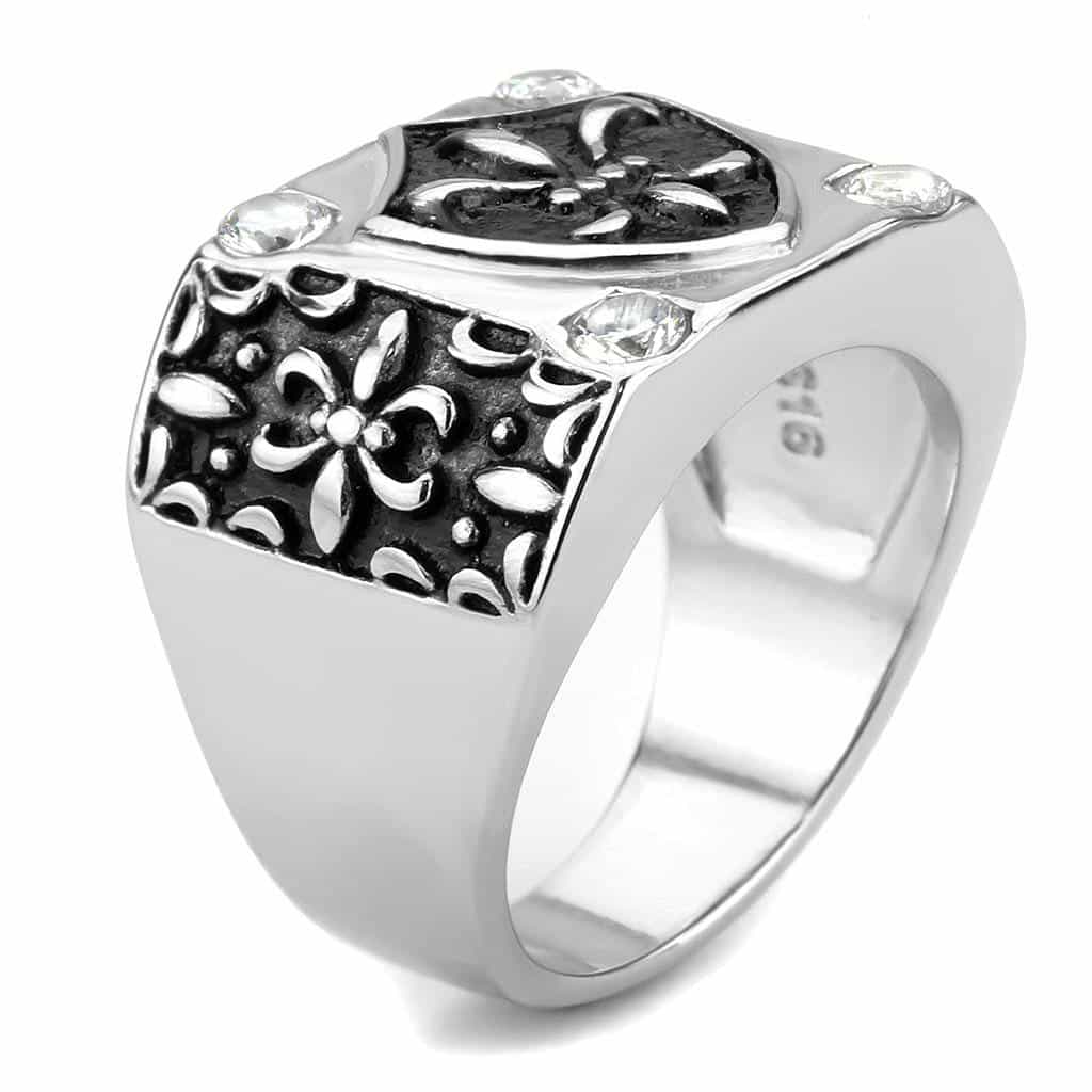 Stainless Steel Silver Black Enamel CZ Fleur De Lis Shield Ring view 8