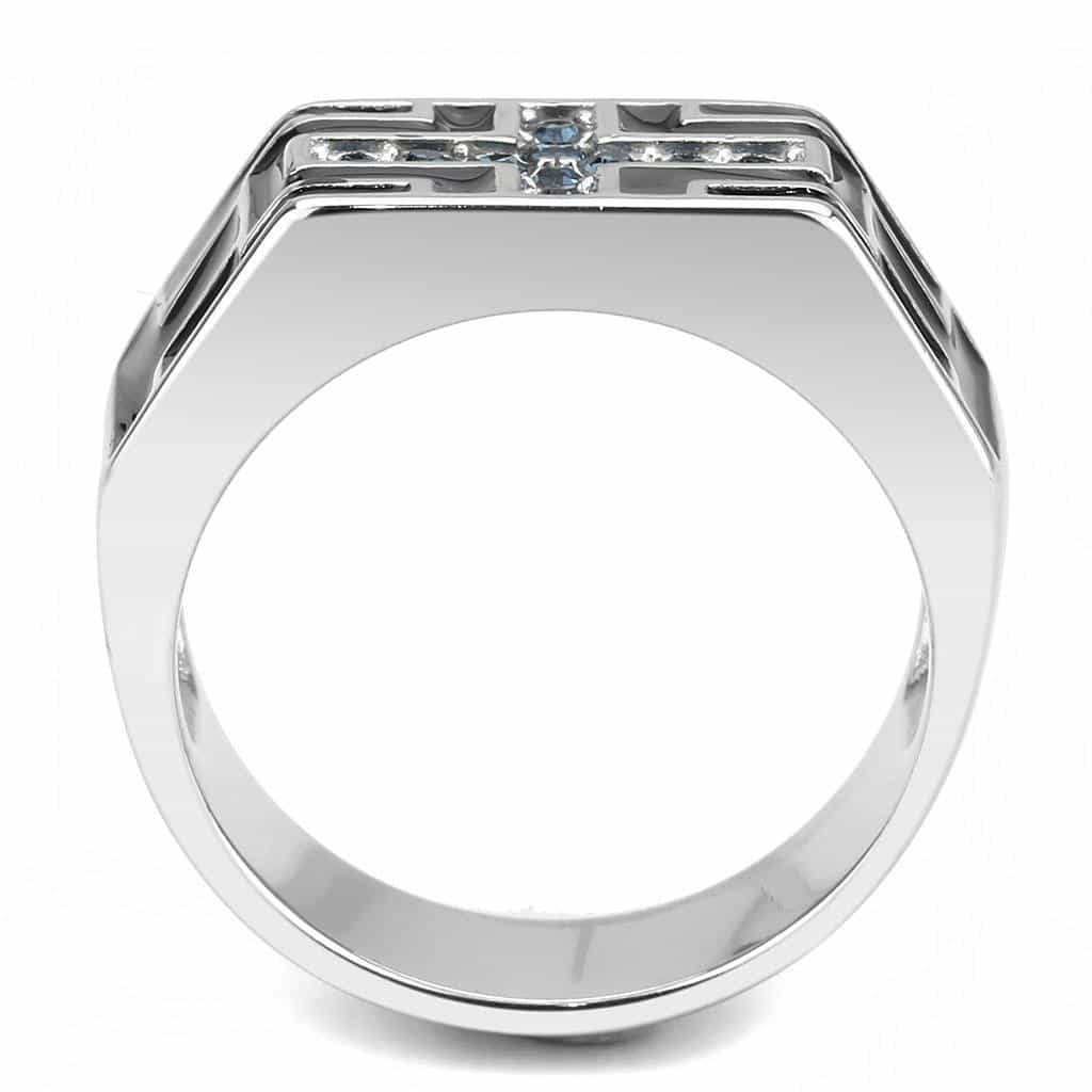 Stainless Steel Silver Blue Sapphire CZ Pave Cross Geometric Ring view 6