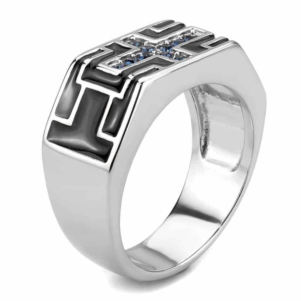 Stainless Steel Silver Blue Sapphire CZ Pave Cross Geometric Ring view 8