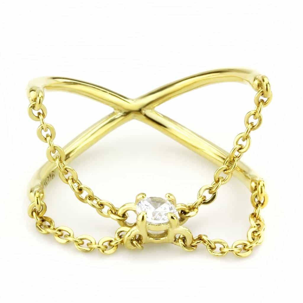 Stainless Steel Gold IP CZ Bezel Station Chain Ring view 8