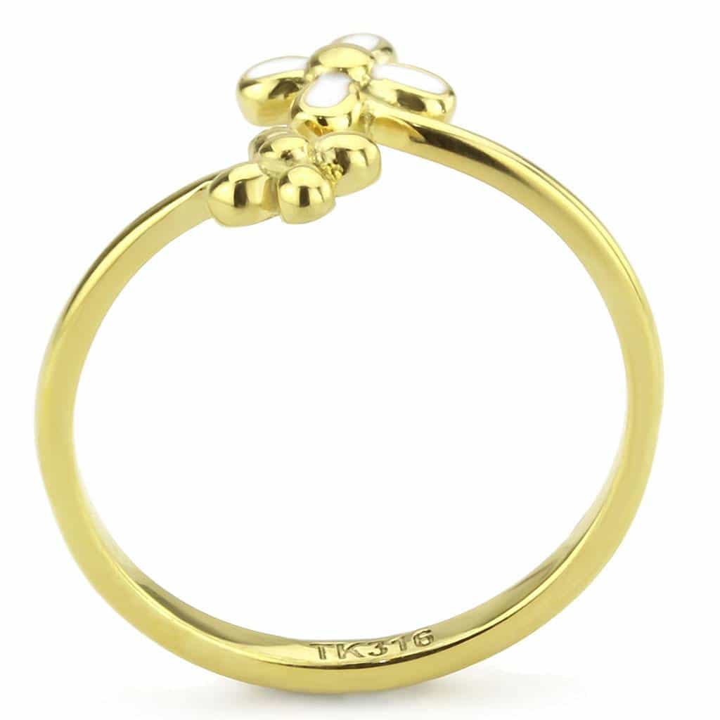 Stainless Steel Gold IP White Enamel Flower Daisy CZ Open Ring view 6