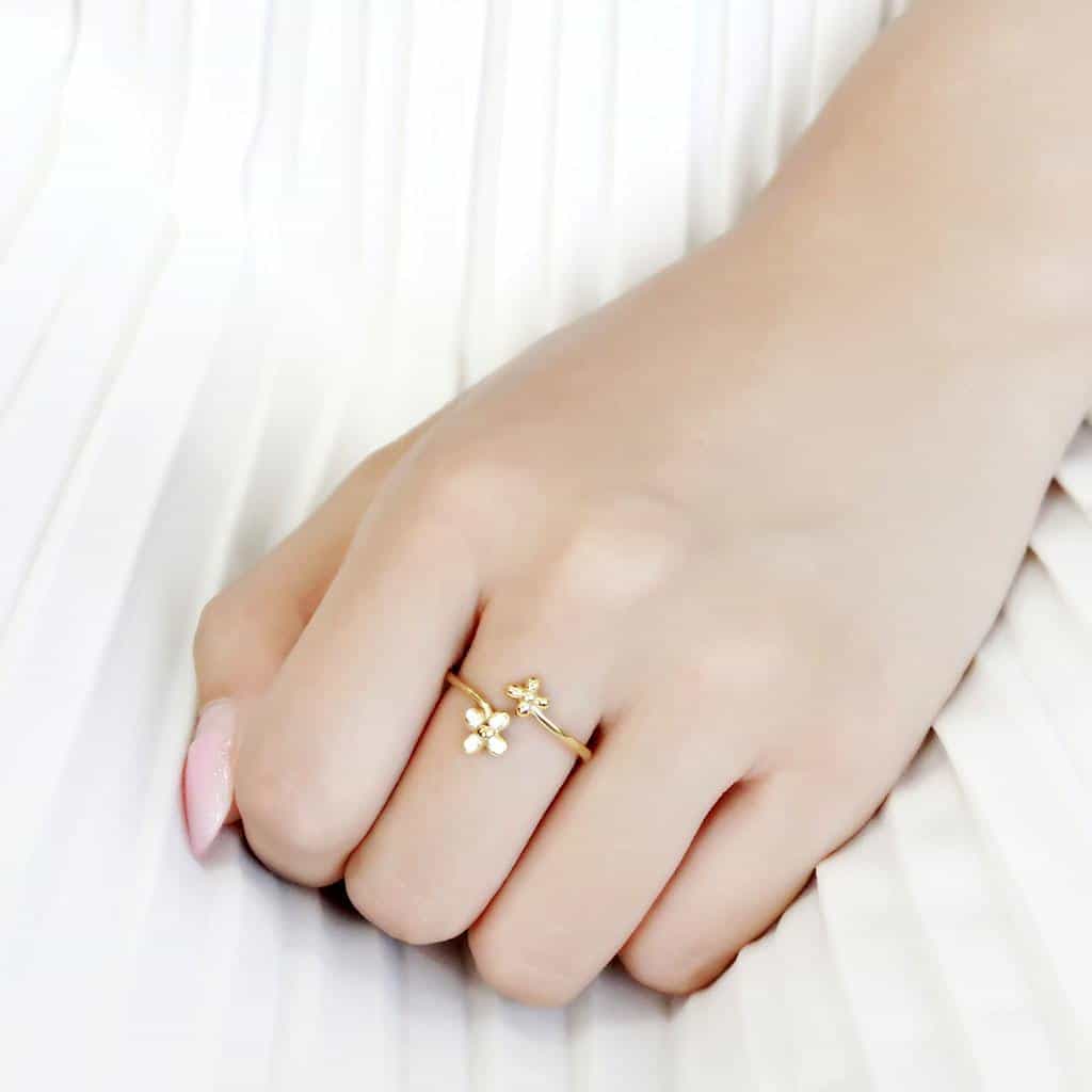 Stainless Steel Gold IP White Enamel Flower Daisy CZ Open Ring view 10