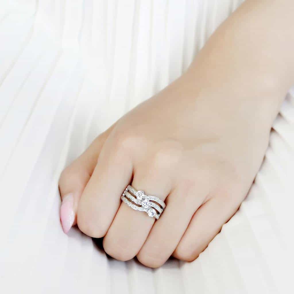 Stainless Steel CZ Round Multi Row Wire Solitaire Wide Stack Ring view 10