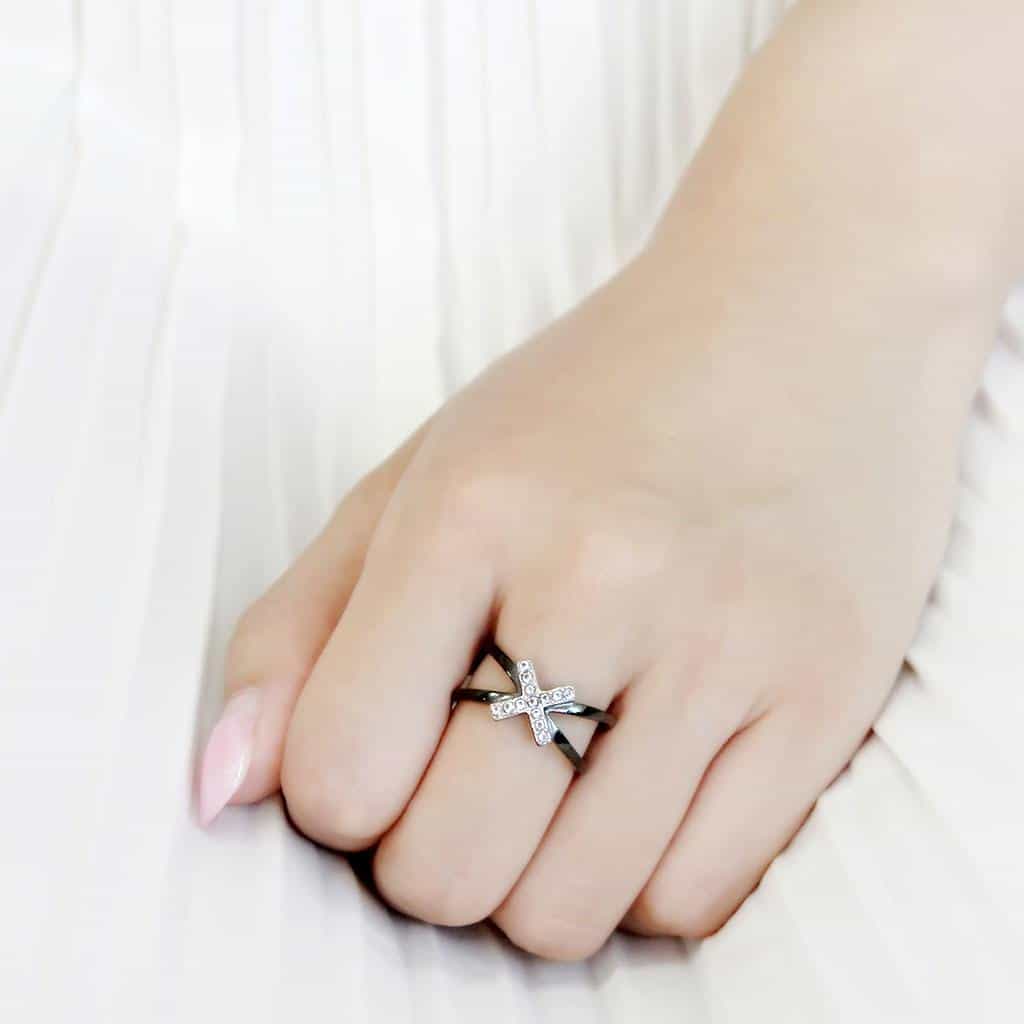 Stainless Steel Black IP CZ Pave Cross X Cutout Open Ring view 10