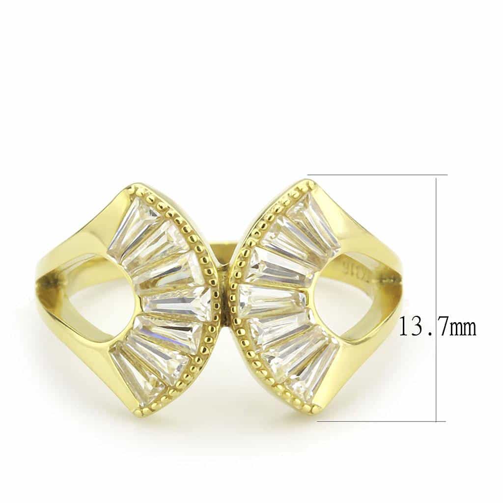 Stainless Steel Gold IP CZ Baguette Fan Bow Open Ring view 4