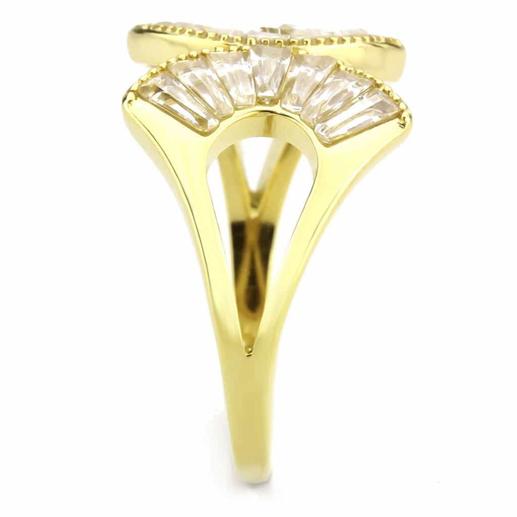 Stainless Steel Gold IP CZ Baguette Fan Bow Open Ring view 8