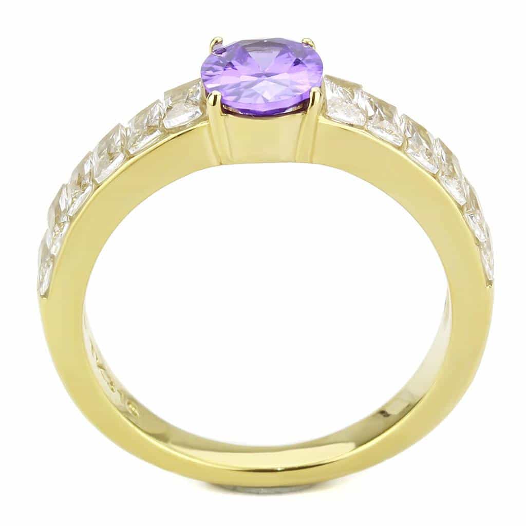 Stainless Steel Gold IP Amethyst Oval CZ Baguette Channel Ring view 6