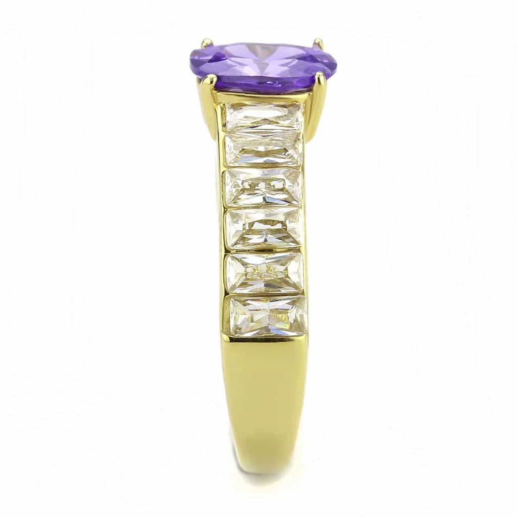 Stainless Steel Gold IP Amethyst Oval CZ Baguette Channel Ring view 8