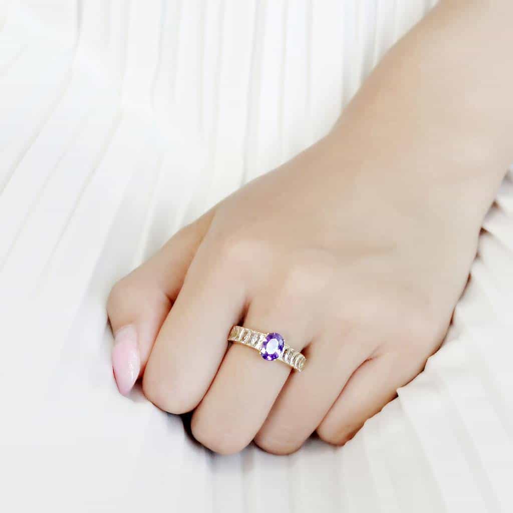 Stainless Steel Gold IP Amethyst Oval CZ Baguette Channel Ring view 10