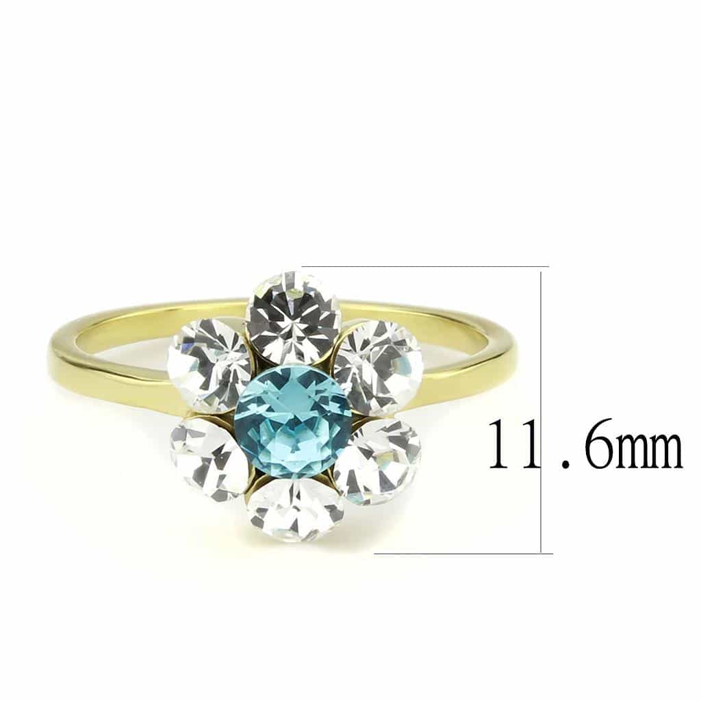 Stainless Steel Gold IP Aquamarine CZ Round Flower Cluster Ring view 4