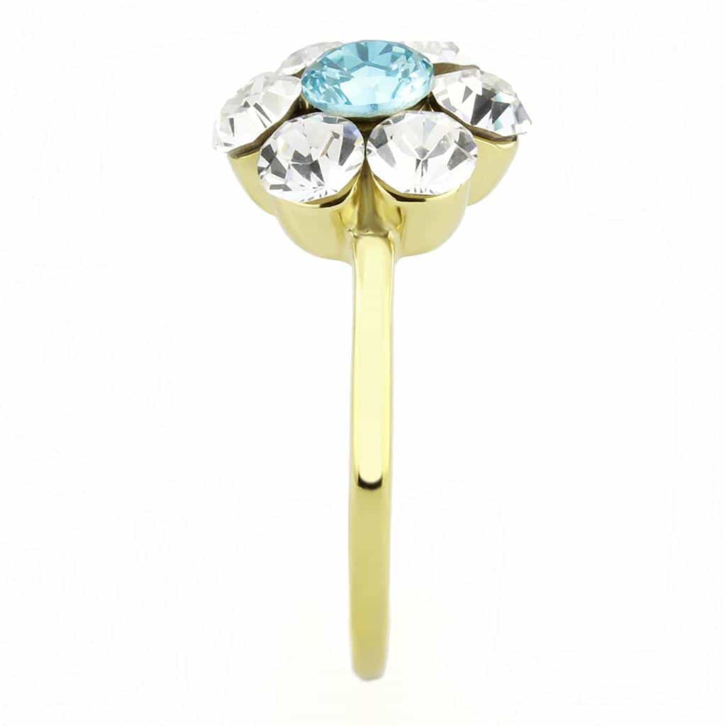 Stainless Steel Gold IP Aquamarine CZ Round Flower Cluster Ring view 8