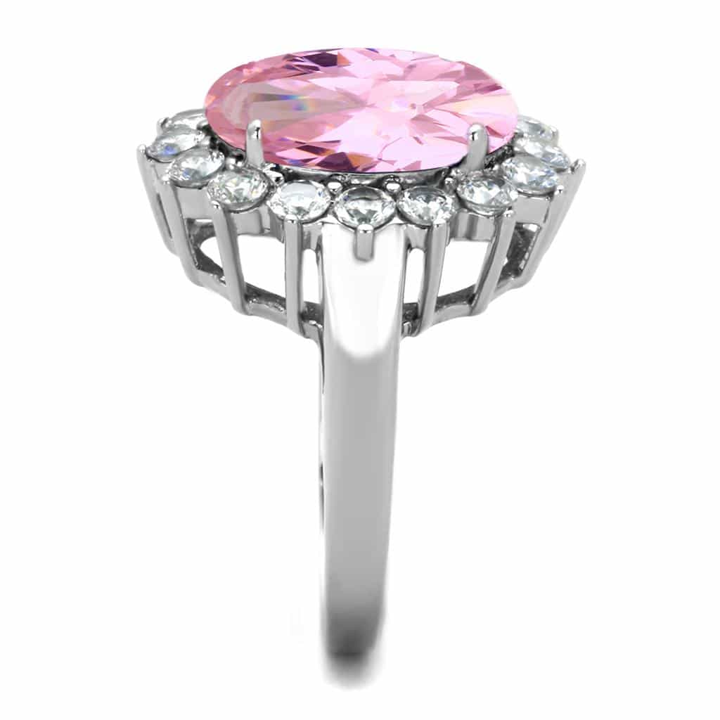 Stainless Steel Pink CZ Oval Round Halo Cluster Flower Ring view 8