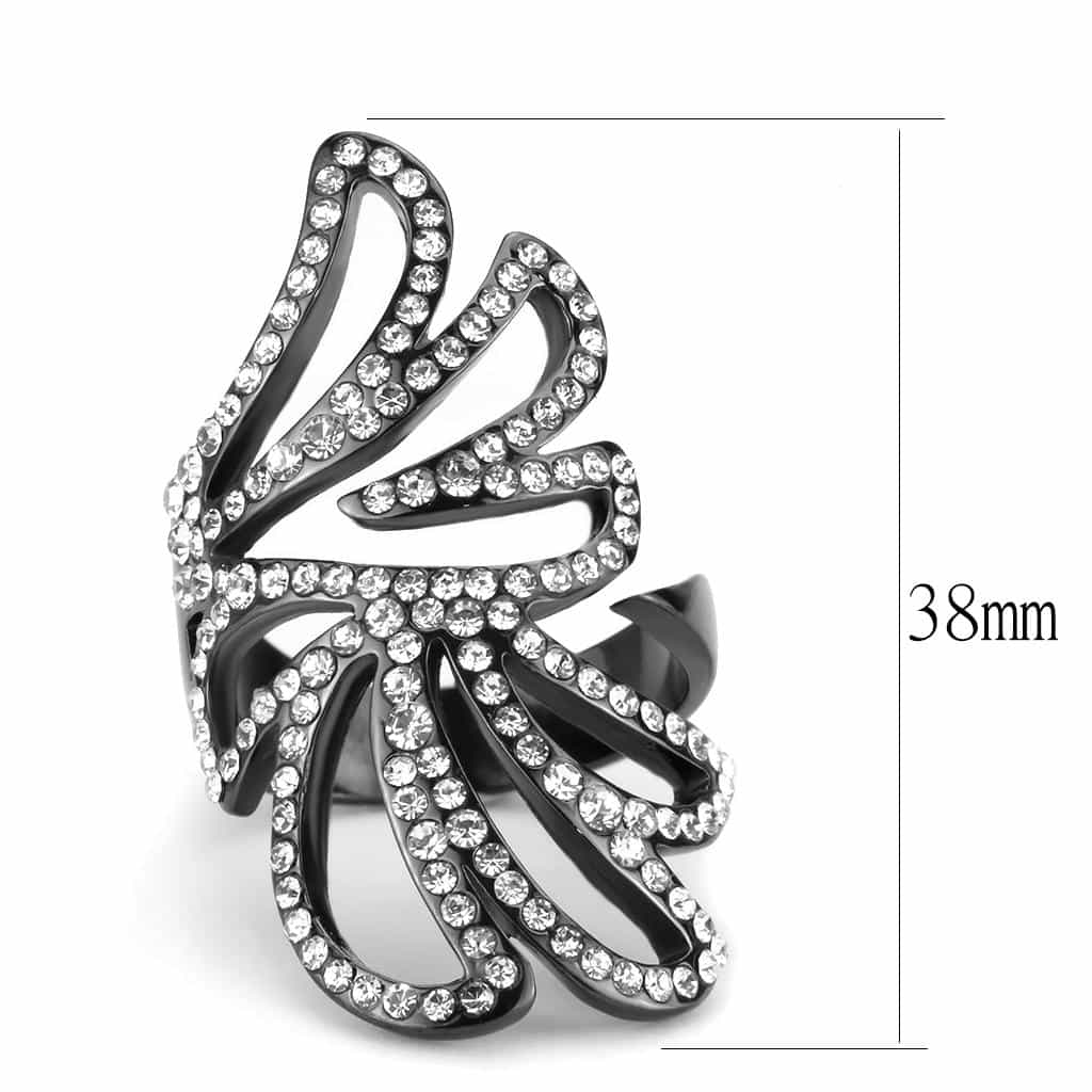 Stainless Steel Dark IP CZ Pave Swirl Leaf Open Cocktail Ring view 4
