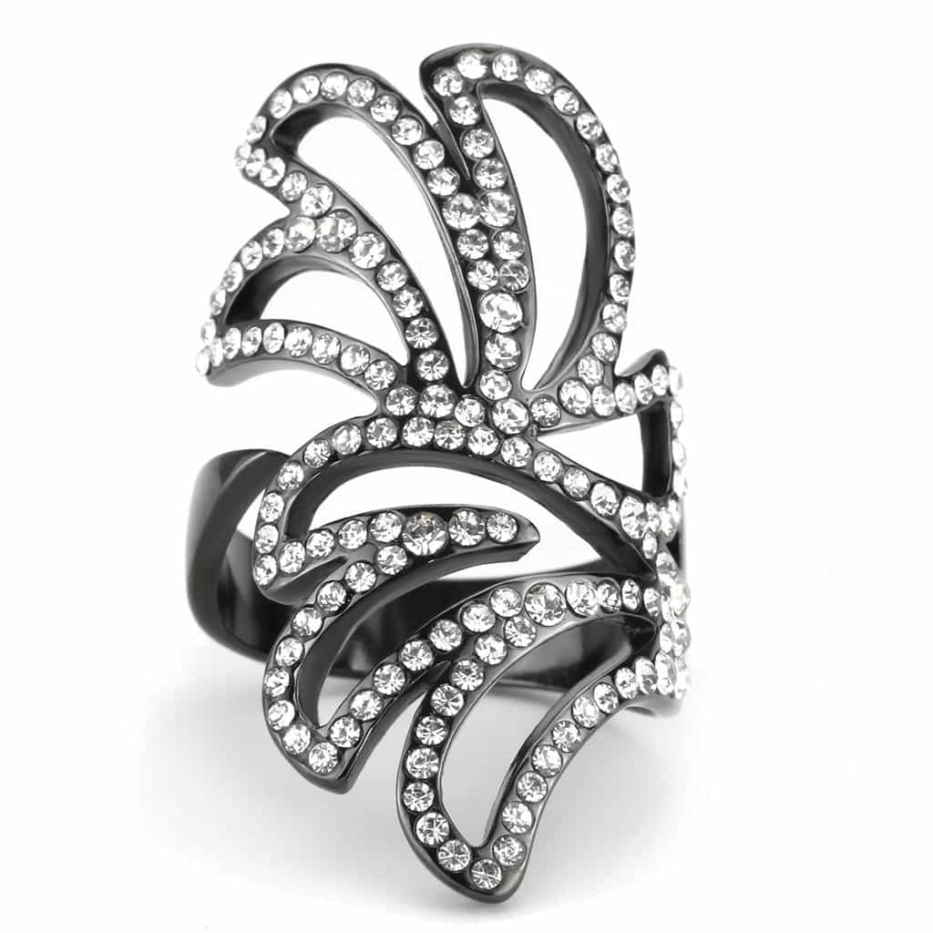 Stainless Steel Dark IP CZ Pave Swirl Leaf Open Cocktail Ring view 6