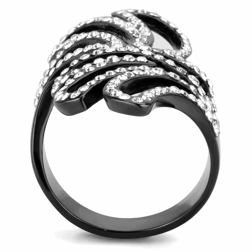 Stainless Steel Dark IP CZ Pave Swirl Leaf Open Cocktail Ring view 10