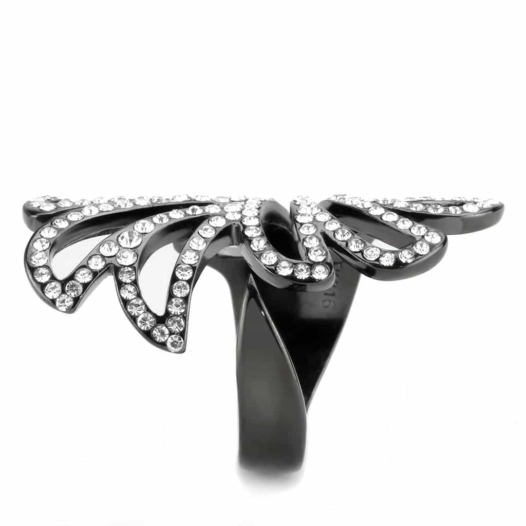 Stainless Steel Dark IP CZ Pave Swirl Leaf Open Cocktail Ring view 14