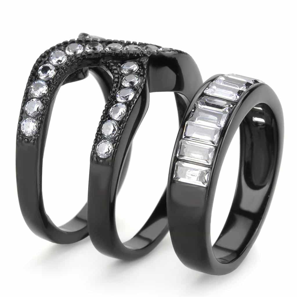 Stainless Steel Dark IP CZ Baguette Round Crossover Cocktail Ring view 8