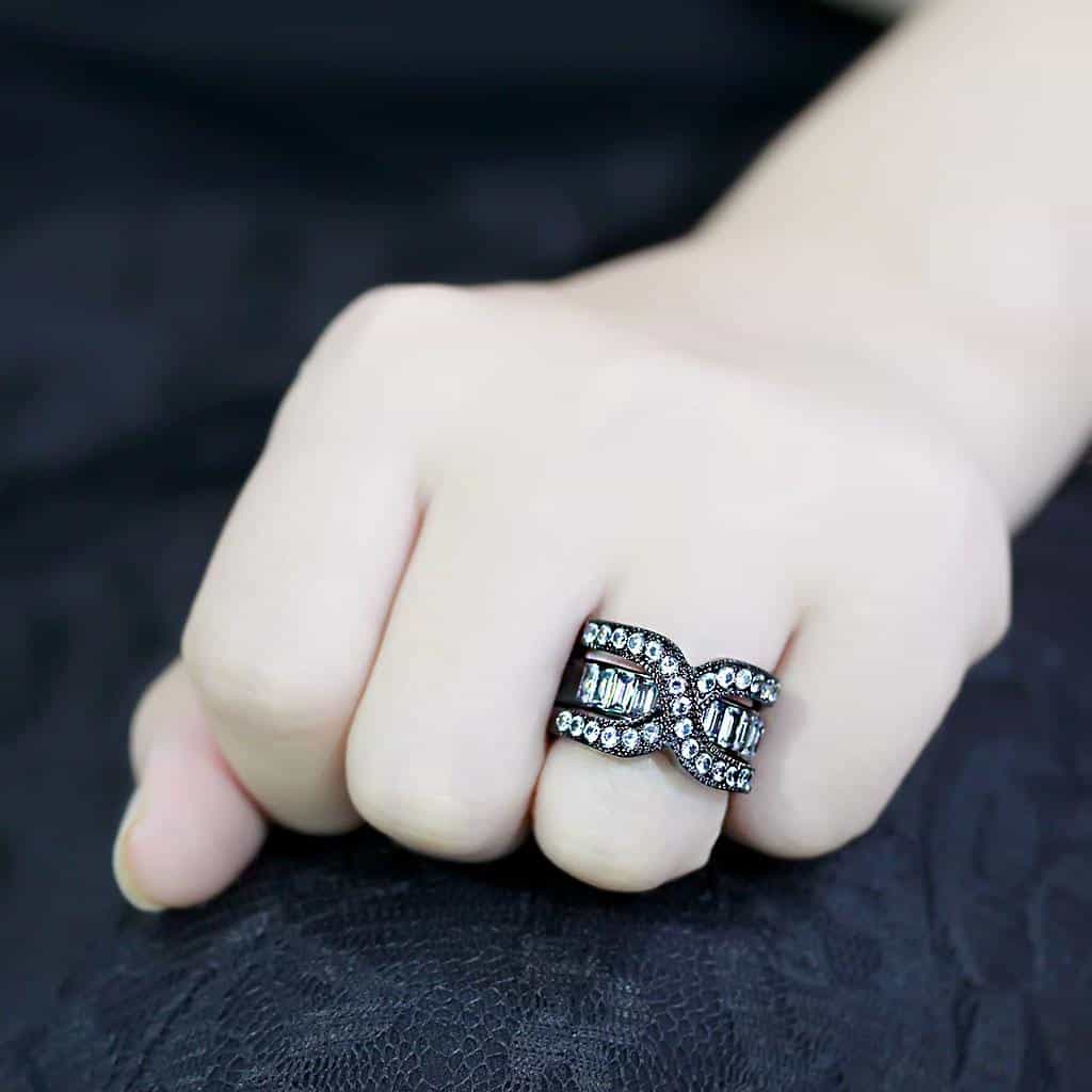 Stainless Steel Dark IP CZ Baguette Round Crossover Cocktail Ring view 12