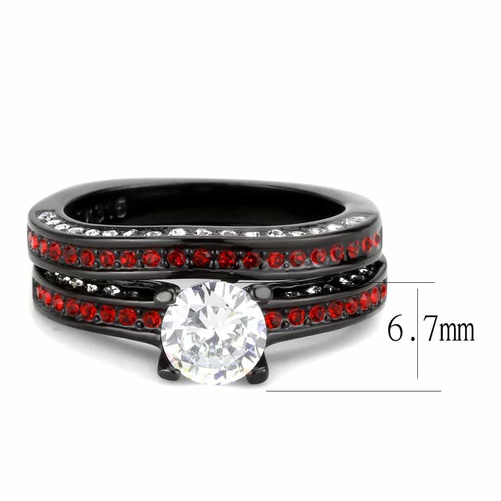 Stainless Steel Dark IP CZ Round Red Crystal Pave Bridal Ring view 4
