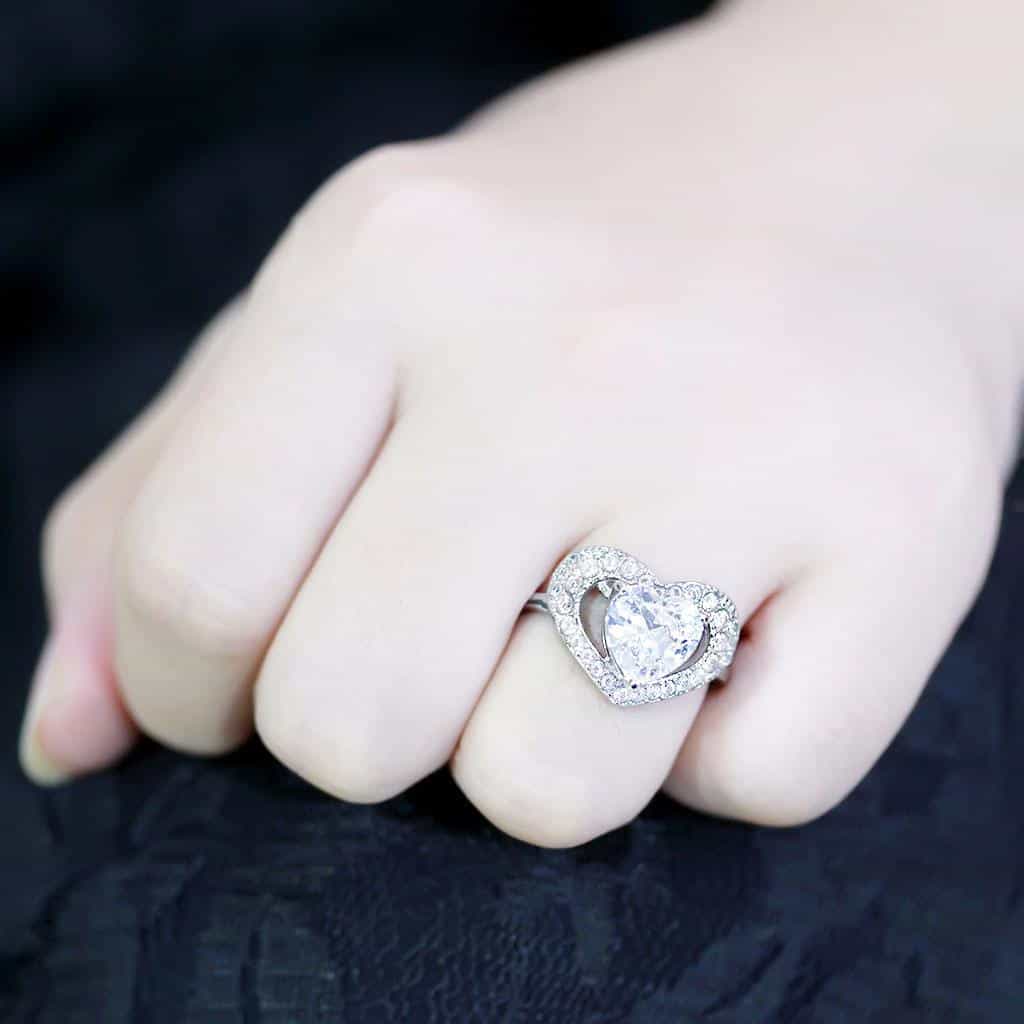 Stainless Steel Silver CZ Heart Pave Halo Solitaire Ring view 10
